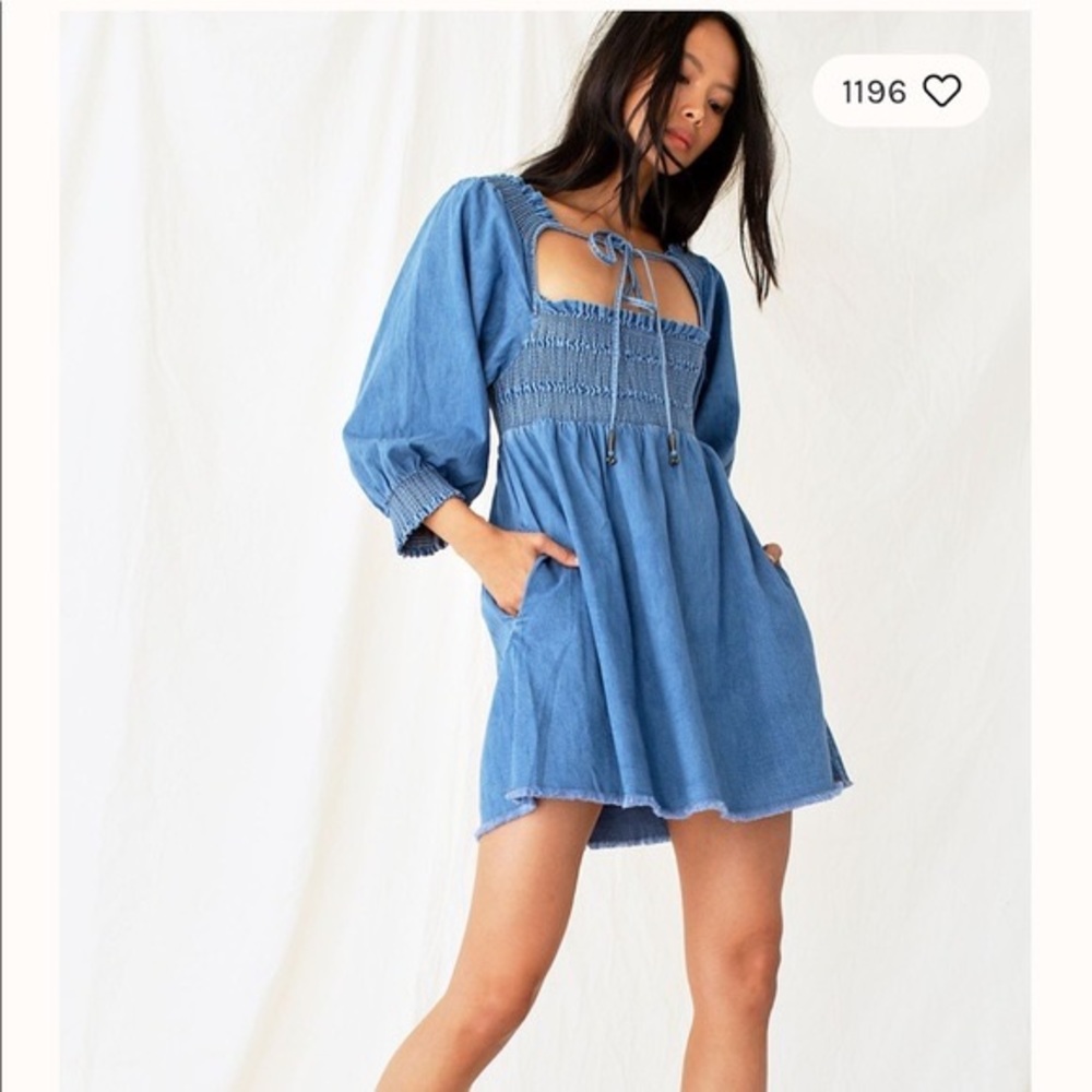 Free People Green This Is Everything Denim Smock Long Sleeve Dress Extra Small